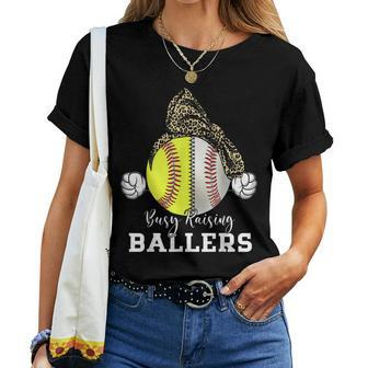 Busy Raising Ballers Baseball Softball Bandana Mom Leopard Women T-shirt