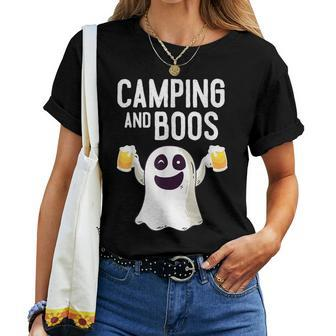 Camping And Boos Cute Ghost Halloween Drinking Beer Women T-shirt - Monsterry CA