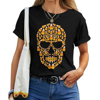 Candy Corn Skull Skeleton Halloween Costume Women T-shirt - Monsterry