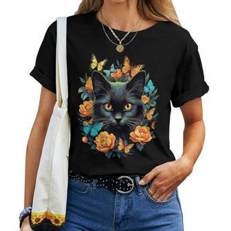 Cat Floral Butterflies Aesthetic Girls Women Graphic Women T-shirt | Mazezy