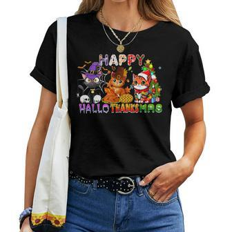 Cat Happy Hallothanksmas Halloween Thanksgiving Christmas Women T-shirt - Monsterry UK
