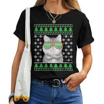 Cat With Sunglasses Meowy Ugly Christmas Sweater Women T-shirt - Seseable