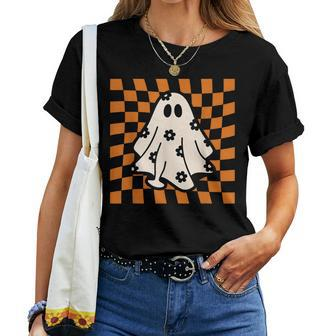 Checkered Daisy Ghost Retro Floral Ghost Halloween Costume Women T-shirt - Seseable
