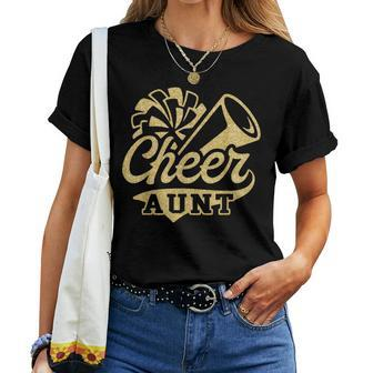 Cheer Aunt Biggest Fan Cheerleader Black Yellow Gold Pom Pom Women T-shirt - Monsterry CA