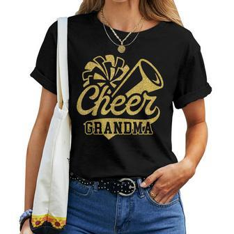 Cheer Grandma Biggest Fan Black Yellow Gold Pom Pom Women T-shirt - Seseable