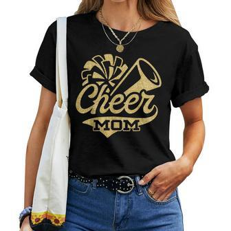 Cheer Mom Biggest Fan Cheerleader Black Yellow Gold Pom Pom Women T-shirt | Mazezy