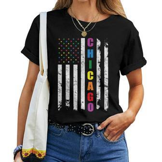 Chicago Illinois Lgbtq Gay Pride Month American Flag Rainbow Women T-shirt | Mazezy