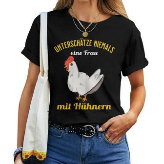 Chickens Underestimate Never A Woman With Chickens Women T-shirt - Thegiftio UK
