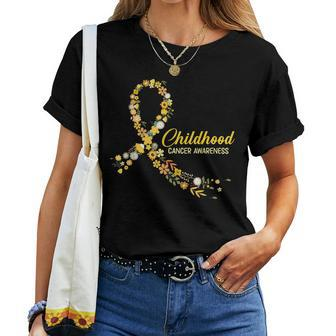 Childhood Cancer Awareness Hippie Flower Gold Ribbon Support Women T-shirt - Seseable