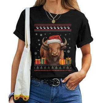 Christmas Bison Santa Hat Ugly Christmas Sweater Women T-shirt - Monsterry UK