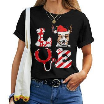 Christmas Decorations Nurse Love Corgi Santa Reindeer Hat Women T-shirt | Mazezy