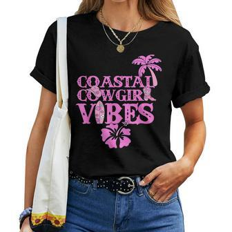 Coastal Cowgirl Aesthetic Vibes Pink Cowboy Boots Cowboy Hat Women T-shirt | Mazezy