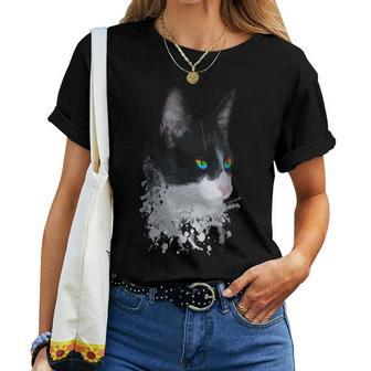 Cool Tuxedo Bicolor Cat With Rainbow Eyes Gay Pride Lgbtq Women T-shirt | Mazezy
