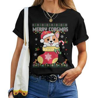 Corgi Ugly Christmas Sweater Merry Corgmas Stocking Santa Women T-shirt - Monsterry