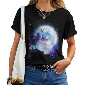 Cosmic Space Wolf Wolves Howling At Moon Women T-shirt Short Sleeve Graphic - Monsterry DE