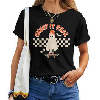 Creep It Real Skateboarding Ghost Halloween Fall Season Women T-shirt - Monsterry