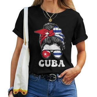 Cuban Girl Flag Messy Hair Bun Republic Of Cuba Heritage Women T-shirt - Seseable