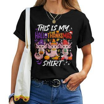 Cute Axolotl Hallothanksmas Halloween Thanksgiving Christmas Women T-shirt
