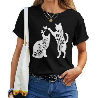 Cute Cat Butterflies Doodle Womens Women T-shirt - Seseable