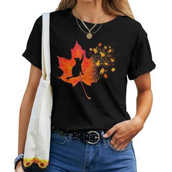 Cute Cat Thanksgiving Fall Leaves Costume Autumn Lover Women T-shirt - Seseable