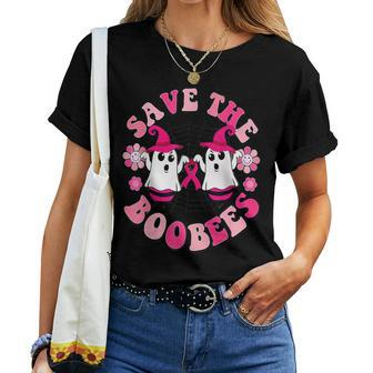Cute Ghost Save The Boobees Breast Cancer Boo Bees Halloween Women T-shirt - Seseable