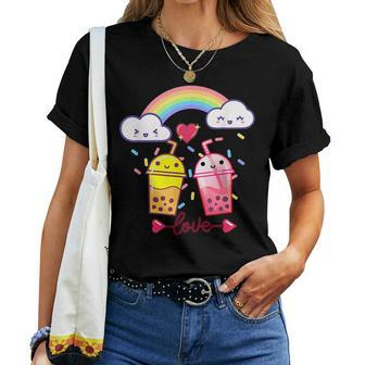 Cute Kawaii Bubble Boba Milk Tea - Rainbow Heart Arrow Arrow Women T-shirt | Mazezy