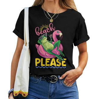 Cute Lazy Frog Pink Flamingo Beach Please Summer Vibes Women T-shirt | Mazezy