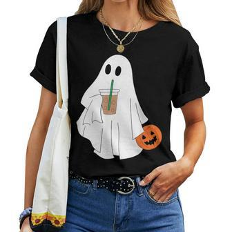 Cute Little Ghost Drinking Coffee Halloween Spooky Season Women T-shirt - Monsterry AU