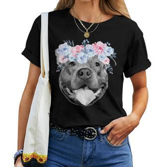 Cute Pitbull Face Floral Watercolor Flower Pittie Mom Women T-shirt | Mazezy