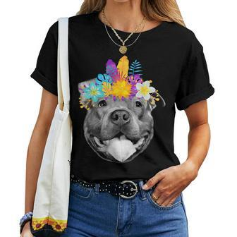 Cute Pitbull Face Tropical Flowers Floral Pittie Mom Women T-shirt | Mazezy