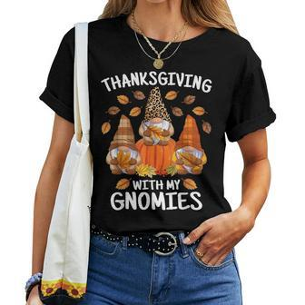 Cute Thanksgiving With My Gnomies Autumn Gnome Fall Leaves Women T-shirt - Seseable