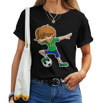 Dabbing Soccer Girl Brazil Brazilian Flag Jersey Women T-shirt | Mazezy