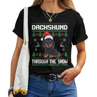 Dachshund Dog Through The Snow Ugly Christmas Sweater Women T-shirt - Monsterry UK
