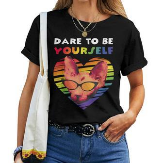 Dare To Be Yourself Gay Pride Rainbow Lgbt Vintage Cat Women T-shirt | Mazezy