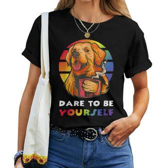Dare To Be Yourself Gay Pride Vintage Rainbow Lgbt Dog Women T-shirt | Mazezy
