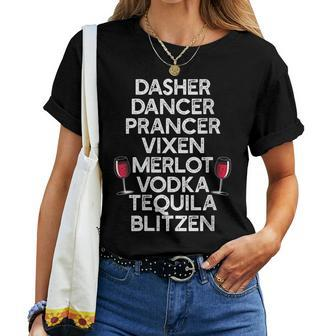 Dasher Vodka Blitzen Alcohol Reindeer Christmas Meme Women T-shirt | Mazezy UK