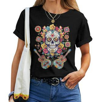 Day Of The Dead Flower Guitar Skull Dia De Los Muertos Women T-shirt - Monsterry