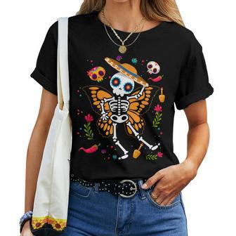Day Of The Dead Sugar Skull Skeleton Monarch Butterfly Women T-shirt - Seseable