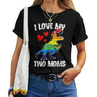 Dinosaur T Rex Lgbt Pride Flag I Love My Two Moms Girls Boys Women T-shirt Crewneck | Mazezy