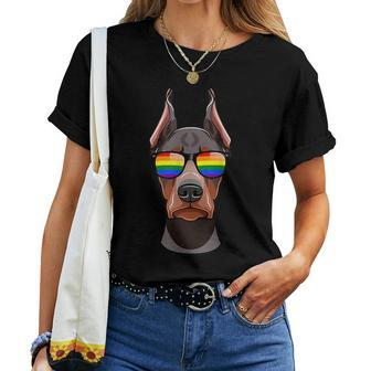 Doberman Pinscher Face Rainbow Sunglasses Lgbt Pride Women T-shirt | Mazezy