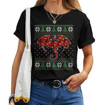 Dragon Red Plaid Ugly Sweater Christmas Lights Dragon Lover Women T-shirt | Mazezy AU