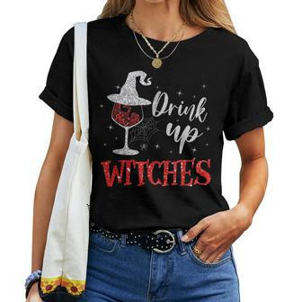 Drink Up Witches Wine Glass Halloween Drinking Women T-shirt - Thegiftio