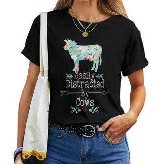 Easily Distracted By Cows Flower Cowgirl Farmer Heifer Women T-shirt Casual Daily Basic Unisex Tee | Mazezy