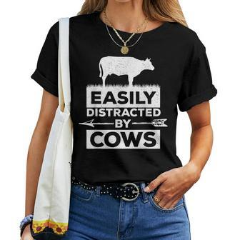 Easily Distracted By Cows Vintage Farmer Bull Face Women T-shirt | Mazezy
