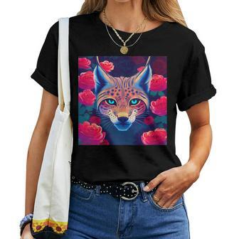 Eurasian Lynx Animal Roses Flower Pattern Graphic Women T-shirt | Mazezy