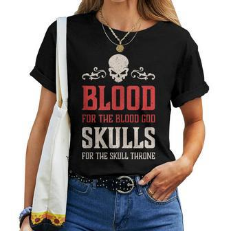 Evil Skull Blood For The Blood God Hell Demon Women T-shirt Short Sleeve Graphic - Monsterry