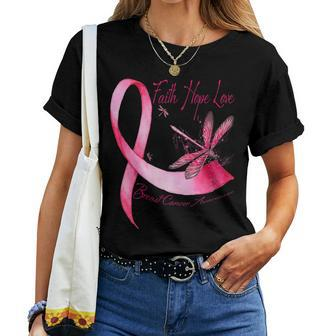 Faith Hope Love Dragonfly Pink Ribbon Breast Cancer Women T-shirt - Seseable