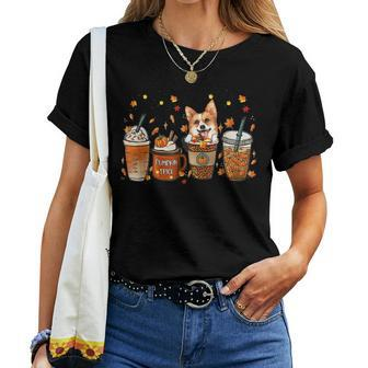 Fall Coffee Pumpkin Spice Latte Iced Autumn Corgi For Coffee Lovers Women T-shirt | Mazezy
