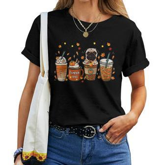 Fall Coffee Pumpkin Spice Latte Iced Autumn Pug For Coffee Lovers Women T-shirt | Mazezy