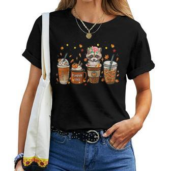 Fall Coffee Pumpkin Spice Latte Iced Autumn Raccoon Women T-shirt - Monsterry AU
